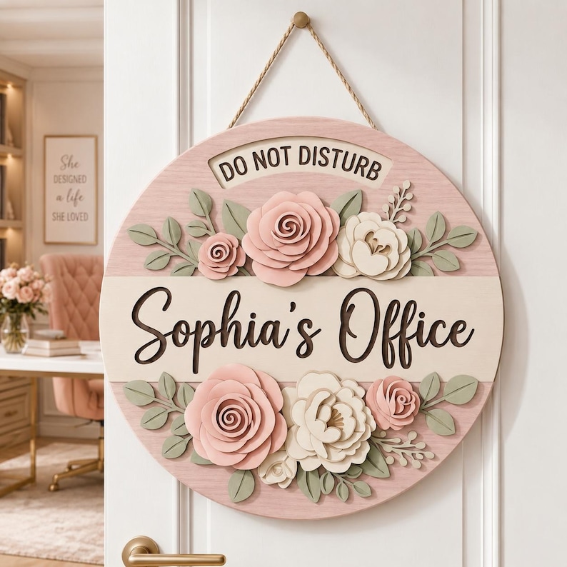 May include: A round wooden door sign featuring a light pink background with a horizontal cream-colored stripe. The text reads "DO NOT DISTURB" and "Sophia's Office" in dark brown script. It is decorated with layered pink and cream paper flowers.