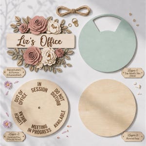 May include: An unassembled wooden office door sign kit featuring a rectangular plaque with the text Liz's Office, floral cutouts, a mint green handle disc, a natural wood function disc with status text, a plywood base, and hanging hardware.