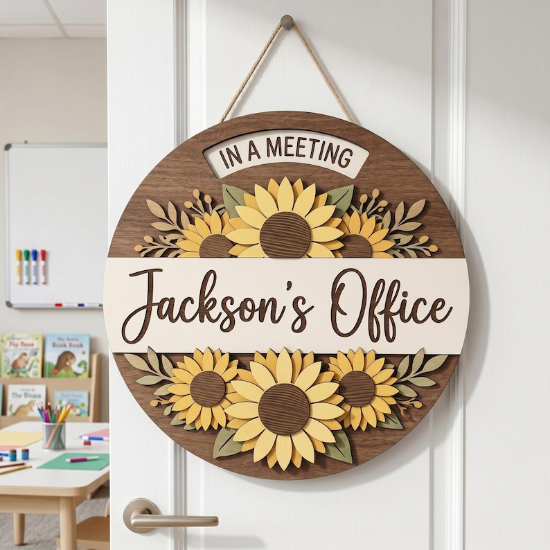 May include: A circular wooden door sign featuring a dark brown wood grain background, yellow sunflowers with green leaves, and a cream-colored horizontal center strip with the text Jackson's Office and a top tab reading IN A MEETING.