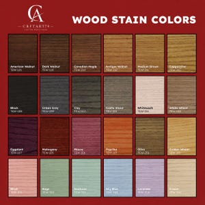 May include: A wood stain color chart featuring twenty-four square swatches with visible wood grain textures. Each swatch is labeled with a color name and a corresponding code, such as American Walnut TEW-121, Black TEW-108, and Cream TEW-306. The chart is titled WOOD STAIN COLORS.