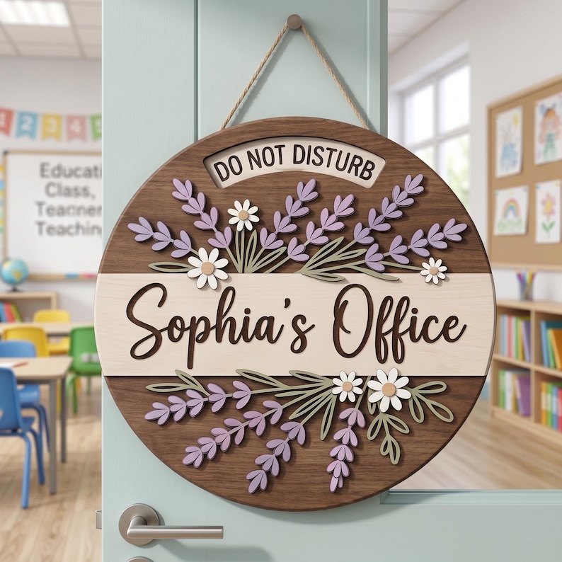 May include: A round wooden door sign featuring a dark wood grain background, a central light wood horizontal band with the text "Sophia's Office" in dark script, and a "DO NOT DISTURB" label. It is decorated with purple lavender sprigs and white daisies.