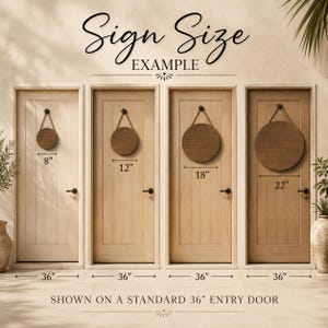 May include: A size guide graphic titled Sign Size Example showing four circular wooden signs hanging on doors. The signs are labeled with diameters of 8 inches, 12 inches, 18 inches, and 22 inches, displayed against standard 36-inch entry doors.
