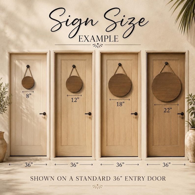 May include: A size guide graphic titled Sign Size Example showing four circular wooden signs hanging on doors. The signs are labeled with diameters of 8 inches, 12 inches, 18 inches, and 22 inches, displayed against standard 36-inch entry doors.