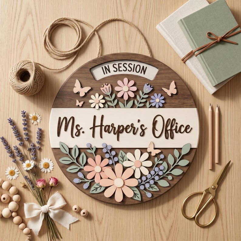 May include: A circular wooden sign featuring the text "IN SESSION" at the top and "Ms. Harper's Office" in the center. The sign is decorated with layered wooden floral motifs, leaves, and butterflies in shades of pink, white, and green.