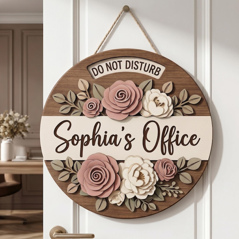 May include: A circular wooden door sign featuring a dark wood grain finish, a jute rope hanger, and the text "DO NOT DISTURB" and "Sophia's Office". The sign is decorated with layered, three-dimensional paper-style roses in shades of pink and cream.