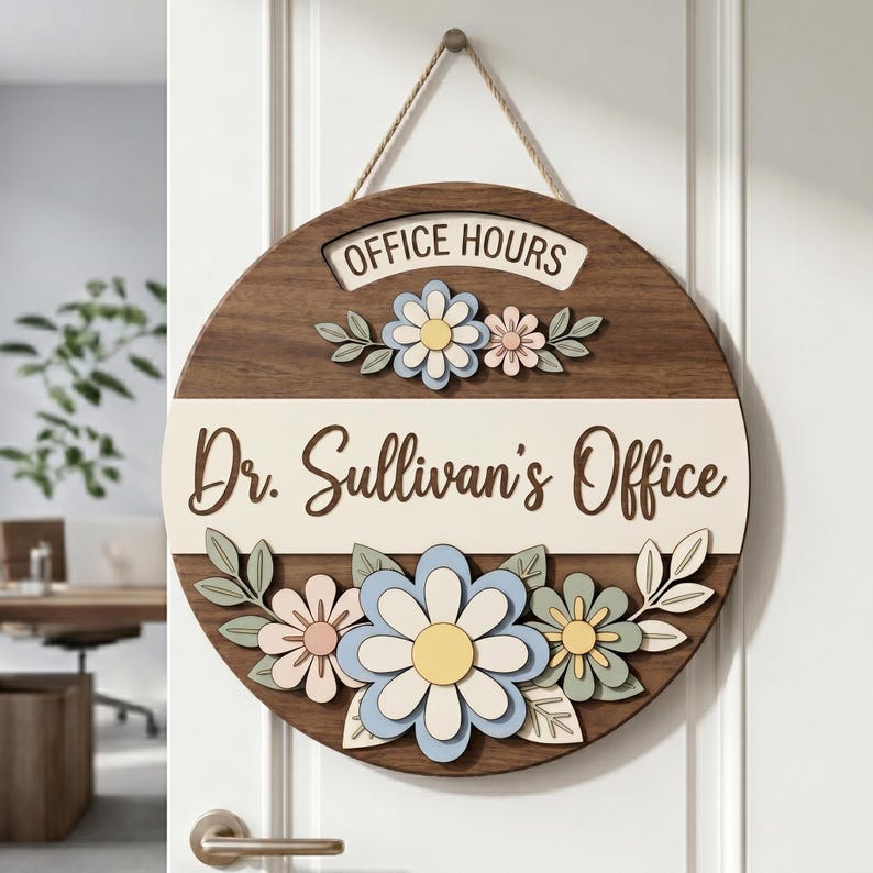 May include: A circular wooden door sign featuring the text "OFFICE HOURS" and "Dr. Sullivan's Office" in dark brown lettering. The sign is decorated with layered, pastel-colored floral cutouts in shades of blue, pink, yellow, and green.