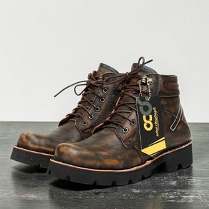 May include: A pair of brown leather boots with a distressed finish. The boots have a lace-up design, a thick black sole, and a tag that reads "odon cibaduyut". The boots are displayed on a dark surface.