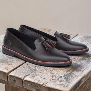May include: A pair of dark brown leather loafers featuring a pointed toe, a decorative tassel on the vamp, and a small embossed logo on the side. The shoes have a dark sole with a thin tan welt detail, providing a clean and structured appearance.