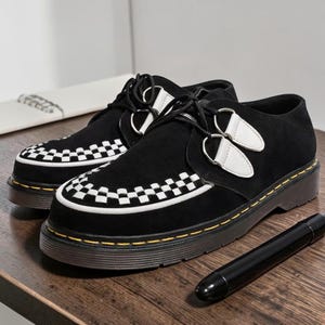 Black Leather Creeper Shoes With Checkerboard Detail - Retro Punk Style Lace-Up, Unique Statement Footwear