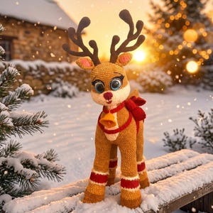 May include: A handcrafted, crocheted reindeer figurine with large blue eyes, a red nose, and a red scarf. The reindeer has brown antlers and wears a gold bell. It is standing on a snow-covered bench in a winter scene.