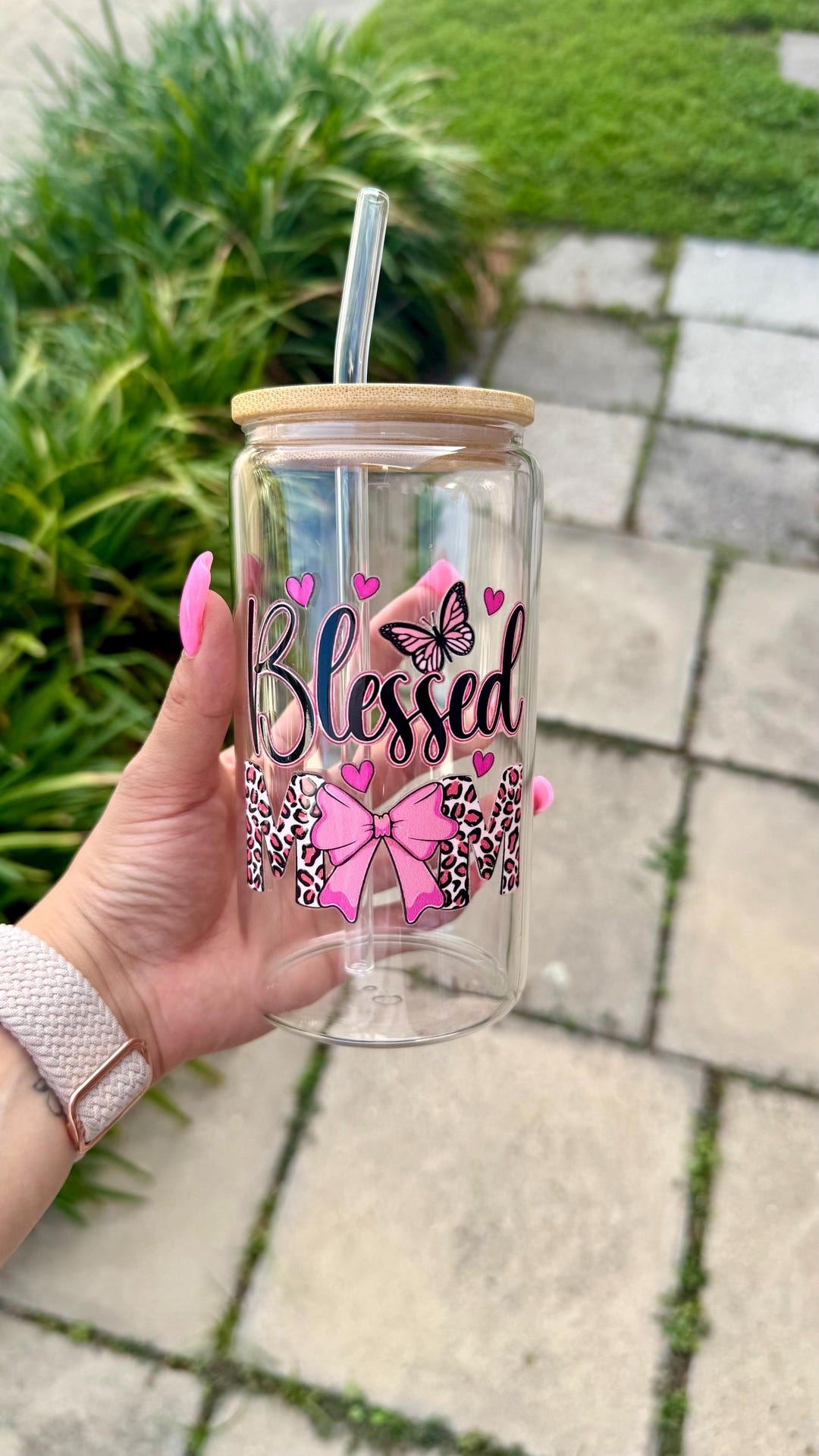 16oz Mom Glass Cup With Bamboo Lid & Straw - Etsy