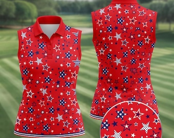 USA Star Print Women's Sleeveless Polo, Red Patriotic Stars Stripes Golf Shirt, 4th of July Celebration Top, Semiquincentennial Polo Shirt