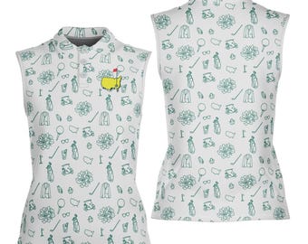 Women's Sleeveless Golf Polo Shirt, Masters Green Augusta Inspired Pattern, Gift for Female Golfer, Tournament Green Activewear 2026 01
