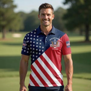 May include: A patriotic polo shirt featuring the American flag design. The shirt has a navy blue upper section with white stars, a red and white striped lower section, and a red right sleeve. The shirt includes the text "UNITED STATES OF AMERICA" and the dates "1776-2026".