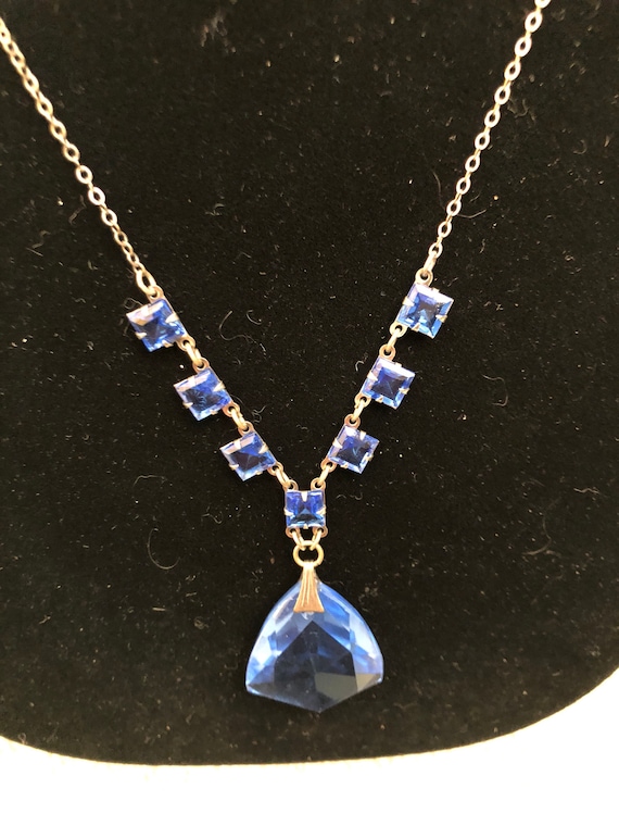 Vintage Blue Edwardian Czech Crystal Pendant Neck… - image 1