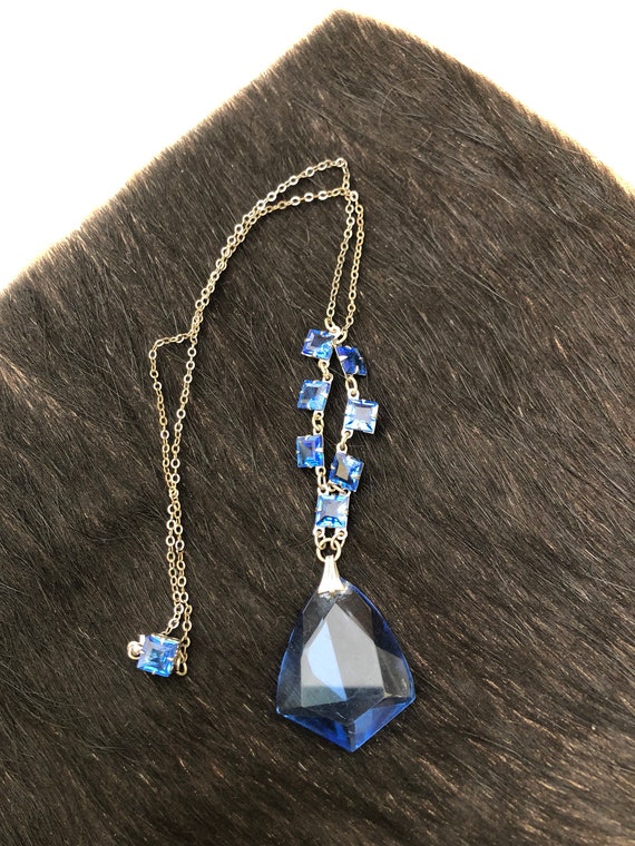Vintage Blue Edwardian Czech Crystal Pendant Neck… - image 2