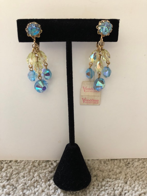 Vintage 1960's Vendone Blue Gold AB Crystal Drop … - image 1