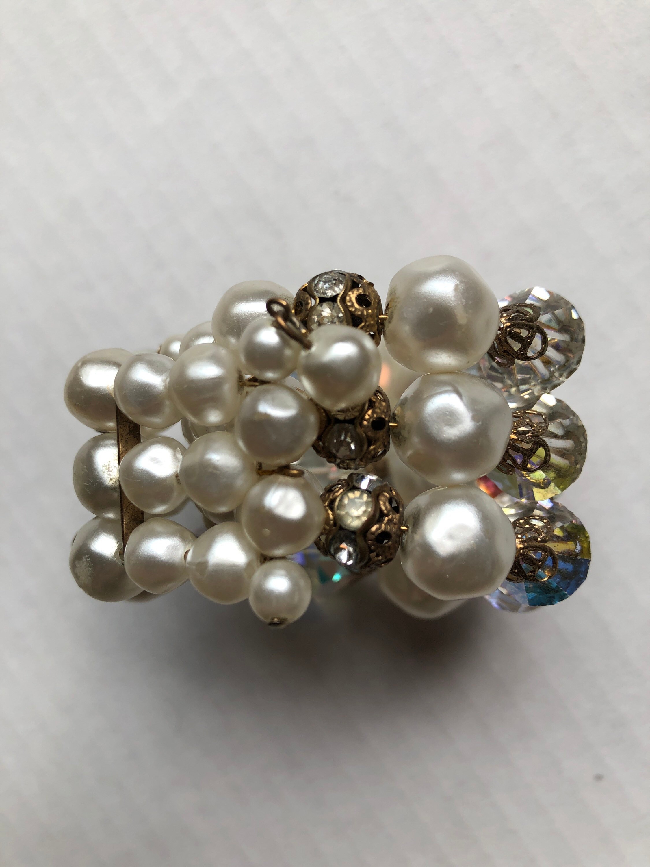 Vintage 1950s Pearl & Rhinestone Bracelet, Pink Black Enamel