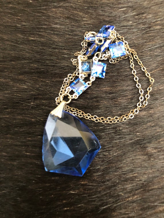 Vintage Blue Edwardian Czech Crystal Pendant Neck… - image 6