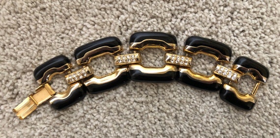 Vintage 1970's Black Gold Rhinestone Link Bracelet - image 1