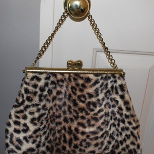 Vintage 1950's Leopard Faux Fur Sexy Kitten Kelly Handbag Purse Gold Chain Handle