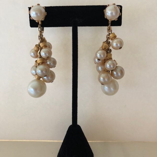 Vintage 1950's Hobe Pearl Cluster Drop Earrings in Original Box Wedding Holiday