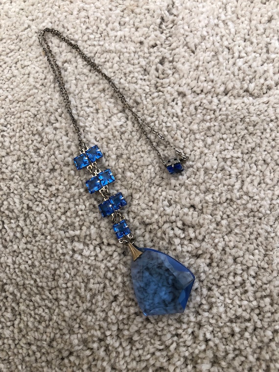 Vintage Blue Edwardian Czech Crystal Pendant Neck… - image 4
