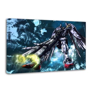 May include: A rectangular canvas wall art print featuring a white and grey mechanical robot with large wings, holding a long double-barreled weapon that emits bright yellow light from the muzzles, set against a dark blue abstract background.
