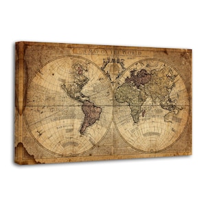 May include: A rectangular wall art print featuring an antique-style world map with a sepia-toned parchment background. The map displays two circular hemispheres with detailed coastlines, latitude lines, and text labeled A MAP OF THE WORLD.