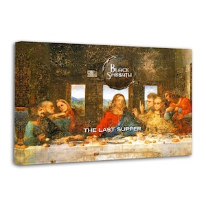 Op de afbeelding: Een rechthoekige canvasprint met een aangepaste versie van het schilderij Het Laatste Avondmaal. Een cirkelvormig logo met de tekst Black Sabbath is gecentreerd boven de figuren. De tekst The Last Supper staat in het wit onderaan in het midden.
