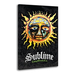 May include: A rectangular wall art print featuring a stylized sun with a blue patterned bandana, blue eyes, and intricate facial details. The word Sublime is printed in white gothic lettering above the text Long Beach, Ca. in green.
