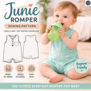 Puede incluir: Un bebé con un pelele verde claro con un estampado de dinosaurios, sosteniendo una taza verde. La imagen incluye un patrón de costura para un pelele, con el texto "Junie Romper Sewing Pattern" y "Beginner Friendly".