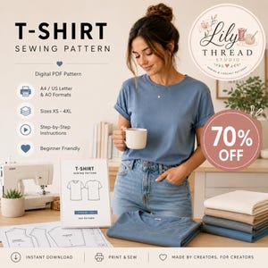 May include: A digital PDF sewing pattern for a t-shirt, featuring text T-SHIRT SEWING PATTERN, A4/US Letter and A0 formats, sizes XS-4XL, step-by-step instructions, and beginner friendly. Includes a graphic of the t-shirt and sewing diagrams.