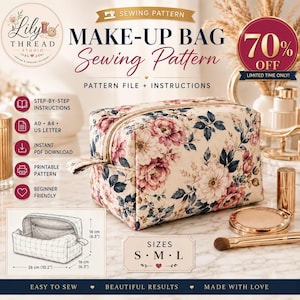 Patrón de costura para neceser de maquillaje con estampado floral, estuche con cremallera para principiantes (descarga en PDF)