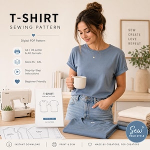 May include: A blue T-shirt sewing pattern with the text "T-SHIRT SEWING PATTERN" and "Sizes XS - 4XL". The image shows a woman wearing a blue T-shirt, a sewing machine, and a stack of fabric. The pattern is a digital PDF.