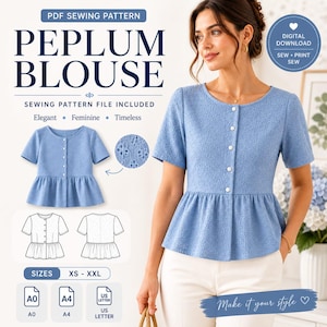 May include: A light blue peplum blouse sewing pattern with short sleeves and a button-up front. The image includes a diagram of the blouse, size options, and the text "PDF Sewing Pattern" and "Make it your style".