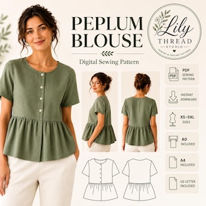 May include: A digital sewing pattern for a sage green peplum blouse with a round neckline, short sleeves, and a front button placket. The pattern includes PDF files for sizes XS-5XL, with A0, A4, and US Letter print formats for instant download.