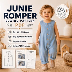 Puede incluir: Un patrón de costura para el mameluco Junie, que presenta un mameluco sin mangas de color azul claro con un bolsillo frontal y botones de madera. El PDF digital incluye formatos A4, A0 y US Letter, instrucciones y una guía de montaje.