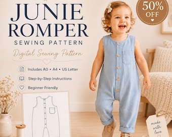 Junie Romper PDF Sewing Pattern | Baby Toddler Unisex Playsuit Pattern | Baby Jumpsuit Sewing Pattern | A0 A4 US Letter | Instant Download.