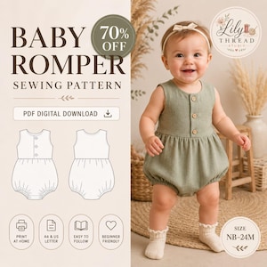 Puede incluir: Un patrón de costura digital para pelele de bebé con el texto BABY ROMPER SEWING PATTERN, 70% OFF y PDF DIGITAL DOWNLOAD. La imagen muestra un dibujo lineal de un pelele sin mangas y una foto de un bebé con un pelele de color verde salvia.