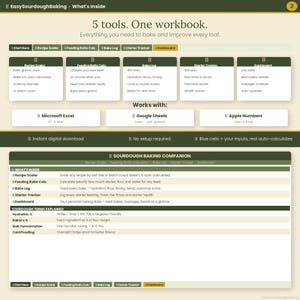 Puede incluir: Un compañero digital para hornear masa madre con 5 herramientas y un libro de trabajo. Incluye una escala de recetas, una calculadora de proporción de alimentación, un registro de horneado, un rastreador de iniciación y un panel. Descarga digital instantánea.