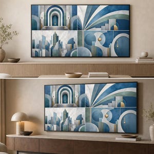 May include: A large, framed artwork featuring an abstract design in shades of blue, gray, and white. The artwork is divided into six panels, with geometric shapes and architectural elements. The piece is displayed above a wooden console table, creating a modern aesthetic.
