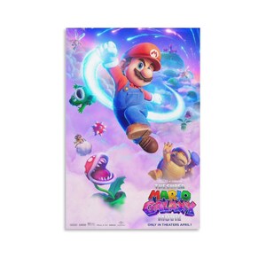 May include: A poster for "The Super Mario Bros. Movie" featuring Mario in a dynamic pose with a glowing energy effect. The poster includes characters like a Piranha Plant and a Koopa Troopa, with the movie title in vibrant colors.