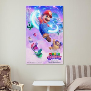 May include: A poster for "The Super Mario Bros. Movie" featuring Mario in a red cap and blue overalls, jumping with a glowing energy effect. The poster includes various characters and the movie title in colorful text.