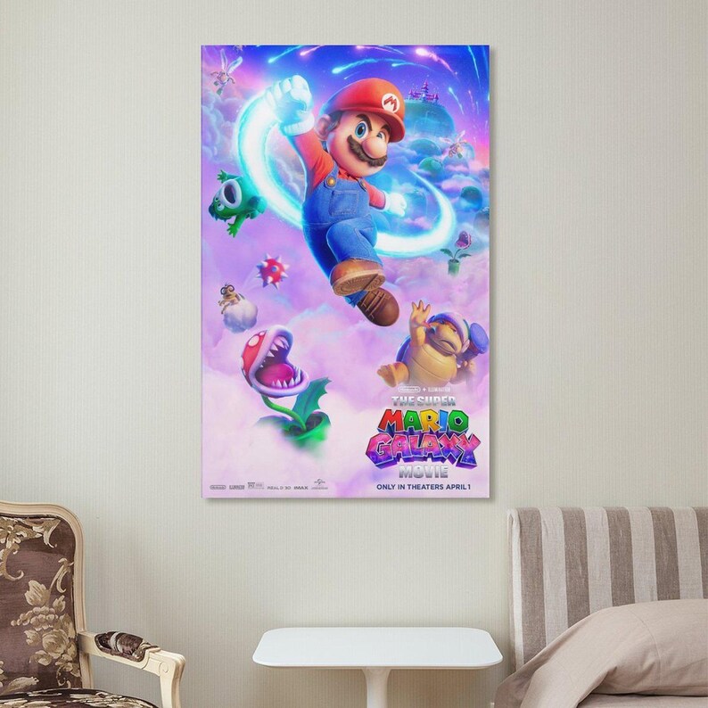 May include: A poster for "The Super Mario Bros. Movie" featuring Mario in a red cap and blue overalls, jumping with a glowing energy effect. The poster includes various characters and the movie title in colorful text.