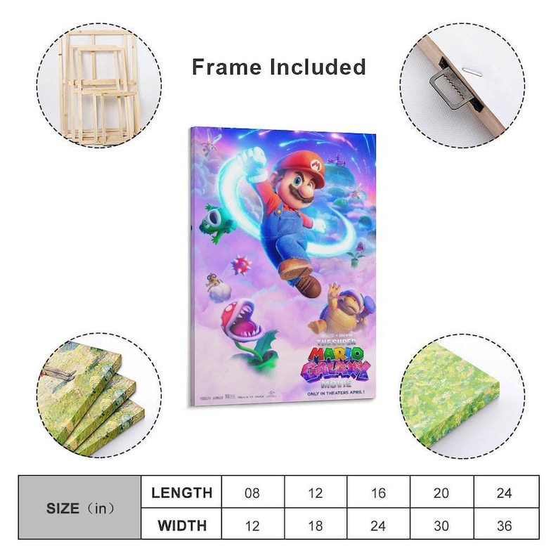 May include: A framed canvas print featuring a vibrant illustration of Mario from the Super Mario Bros. movie. The artwork showcases Mario in a dynamic pose with a blue energy effect, surrounded by other characters. The print is available in various sizes, with lengths from 8 to 24 inches.