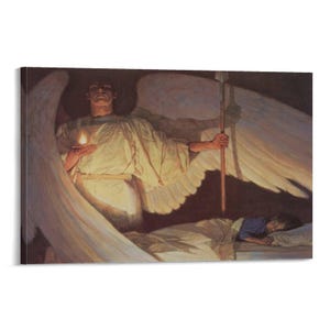 May include: A canvas print of an angel holding a flame, with large white wings and a flowing white robe. The angel stands over a sleeping person in a bed, with a spear in the right hand. The artwork has a warm, soft color palette.