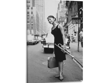 Young Woman Jazz Trumpet Player Canvas Print, Vintage Street Scene Wall Art Poster