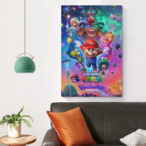 May include: A vibrant movie poster for "The Super Mario Galaxy Movie" featuring Mario, Bowser, Princess Peach, and other characters. The poster has a colorful, space-themed background with the movie title prominently displayed in a stylized font.