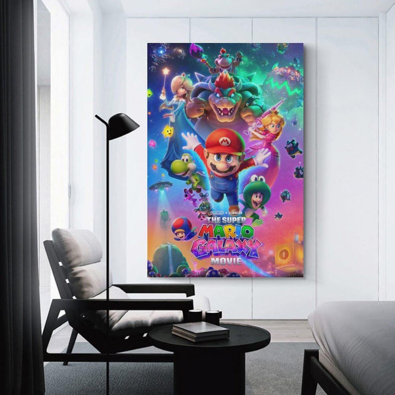 May include: A vibrant poster for "The Super Mario Galaxy Movie" featuring Mario, Princess Peach, Bowser, and other characters. The artwork is colorful, with a space-themed background and the movie title prominently displayed.